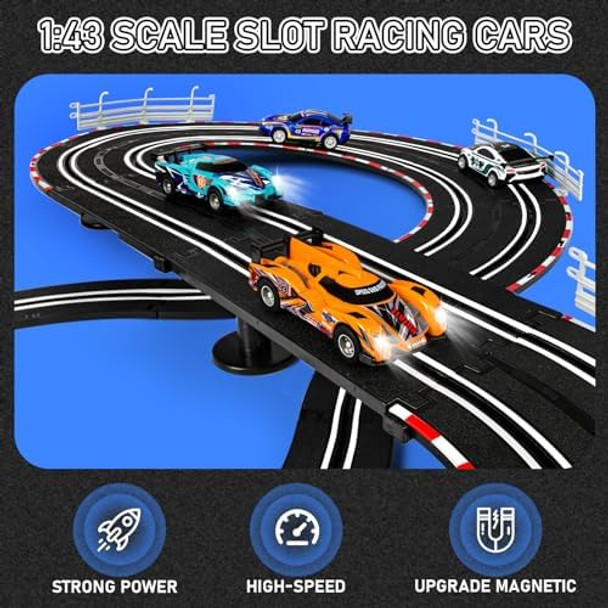Electric Slot Car Race Track Sets - Race Car Track Sets With 4 Slot Cars 1:43 With Headlights 2 Hand Controllers Dual Racing Game Lap Counter Birthday Toys For Children