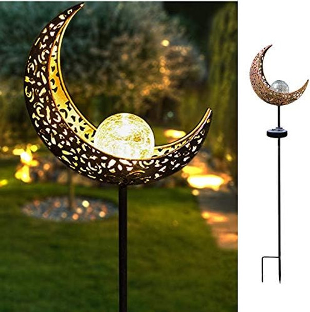 Garden Solar Light Outdoor Decorative Moon Decor Crackle Glass Globe Stake Metal Lights，Waterproof Warm White Led For Pathway Lawn Patio Yard