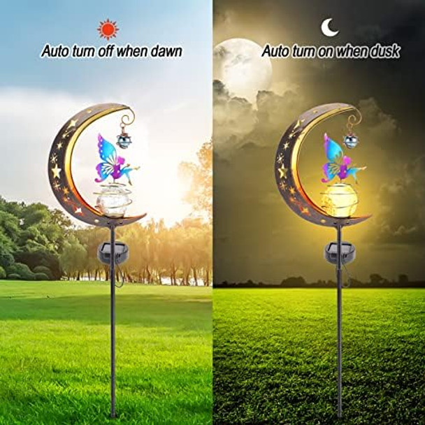 Solar Fairy Garden Light Decor Moon Fairy Stake Lights Crackle Glass Globe With Color Angel Decor Outdoor Led Pathway Lights Waterproof For Walkway Yard Lawn Patio Or Courtyard
