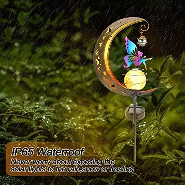 Solar Fairy Garden Light Decor Moon Fairy Stake Lights Crackle Glass Globe With Color Angel Decor Outdoor Led Pathway Lights Waterproof For Walkway Yard Lawn Patio Or Courtyard