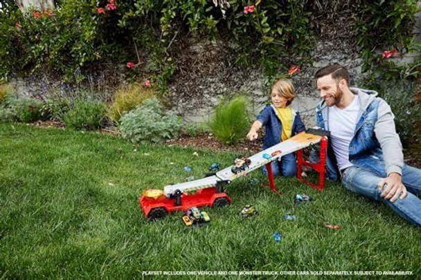 Hot Wheels Monster Trucks Playset Toy Truck & Car Down Hill Race & Go With 1:64 Scale Bone Shaker & 1:64 Scale Vehicle