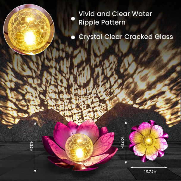 Hpc Decor Solar Lights Outdoor Garden Decor - Art Crackle Globe Glass Lotus Decoration Waterproof Led Metal Flower Lights For Outdoor Decor On PatioLawnWalkwayTablePerfect s (Purple 11In)