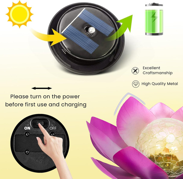 Hpc Decor Solar Lights Outdoor Garden Decor - Art Crackle Globe Glass Lotus Decoration Waterproof Led Metal Flower Lights For Outdoor Decor On PatioLawnWalkwayTablePerfect s (Purple 11In)