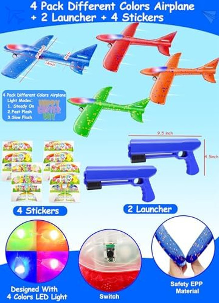 4 Pack 14.5" Giant Lighted Easter Airplane Launcher Toys For Boys Kids Led Foam Glider Catapult Plane Flying Toy Easter Basket Stuffers Party Favors For Kids Boy Girls Easter s Outdoor Games
