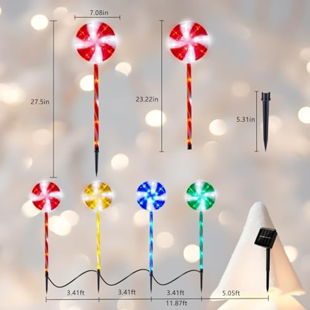 Christmas Solar Pathway Lights 27" Set Of 4 Lollipops Peppermint Stake Lights 8 Modes Candy Cane Walkside Lights Outdoor Xmas Decoration For WalkwayYard(4Pcs-Multicolor)