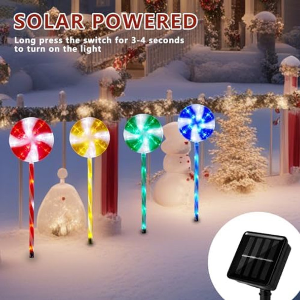Christmas Solar Pathway Lights 27" Set Of 4 Lollipops Peppermint Stake Lights 8 Modes Candy Cane Walkside Lights Outdoor Xmas Decoration For WalkwayYard(4Pcs-Multicolor)
