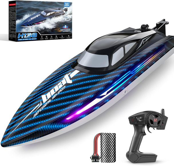 30Kmh Rc Remote Control Boat With 7 Led Light Modes Waterproof Electric Fast Speed Boat For Adults Kids 8-12 Lake Pool Water PlaySelf-RightingDemoWater Cooling20MinsLow Battery Alert2.4GhzBlue