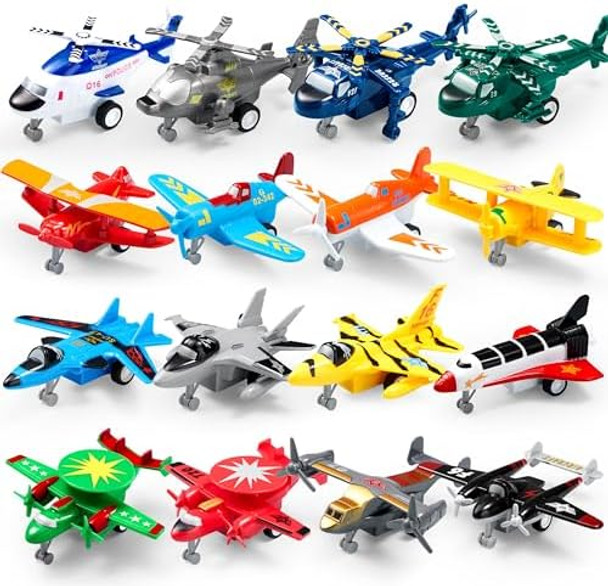 Joyin 16 Pcs Pull Back Airplane Toys Boys Plane Playset Aircraft Incl Helicopter Fighter Bomber Biplane Model s For Toddler Kids 3+ Years Old Kids Presents Treasure Box Toys For Classroom