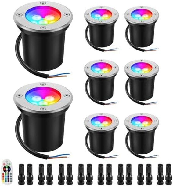Junview Low Voltage Landscape Lights 10W Rgbw Warm White Led Well Landscape Lighting Ip67 Waterproof Outdoor 12V-24V Pathway Deck Ground Rgb Well Lights(8Pack With Connectors)