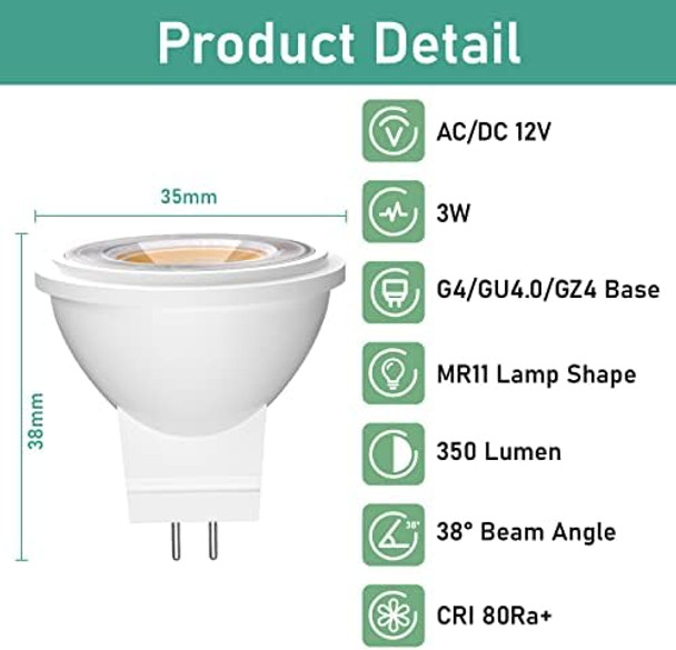 3W Mr11 Gu4.0 Led Light Bulbs 12V G4/Gu4/Gz4 Bi-Pin Base Led Spotlight 35W Mr11 Gu4 Halogen Replacement For Track Landscape Cabinet Recessed Lighting Warm White 3000K 2-Pack