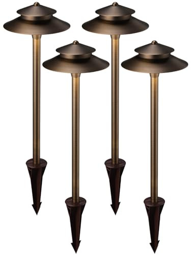 Leonlite Stratum 12V Cast Brass 2-Tier Path Light For Low Voltage Landscape Lighting On Pathway Garden Work With G4 Bulb (Not Included) Ip65 22.44'' Tall 8.27'' Shade Bronze Pack Of 4