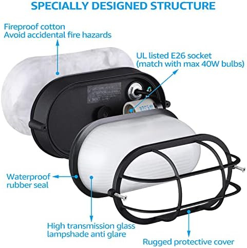 Leonlite 8.5'' Bulkhead Light Fixture Nautical Outdoor Lighting Oval Bulkhead Wall Light Etl & Ul Listed E26 Base Wall & Ceiling Mount Aluminum With Frosted Glass Match With 40W Bulb Pack Of 2