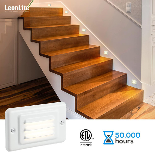 Leonlite Led Step Lights Indoor Wall Mount Stair Lighting With Louver Faceplate 120V 3000K Warm White Metal Faceplate With Bright White Non-Dimmable Etl Listed Pack Of 3