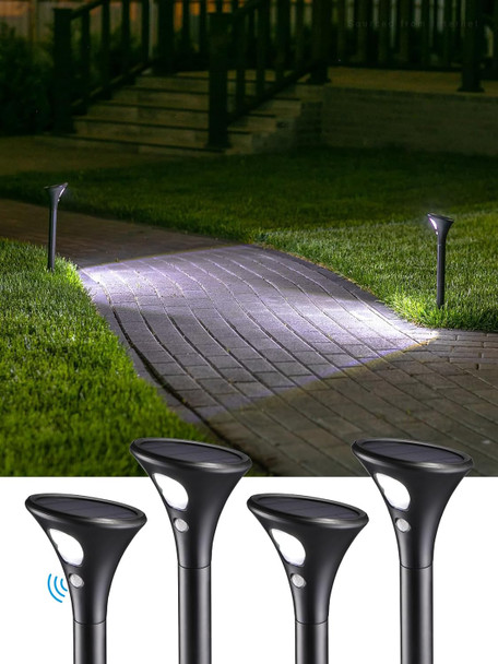 Leonlite Led Solar Powered Motion Sensor Pathway Lights Battery Powered Outdoor Solar Landscape Lights Walkway Light For Yard Garden Lawn All Night Long Lighting 6500K Pure White Pack Of 4