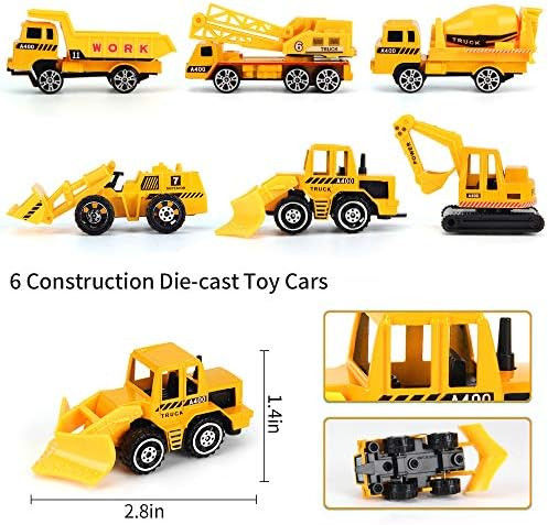 25 Pack Transport Construction Airplane Toy Play Vehicles Set For Kids s With 6 Construction Die-Cast Toy Truck 11 Road Signs-Suitable For 3 4 5 6 Year Old Boys And Girls