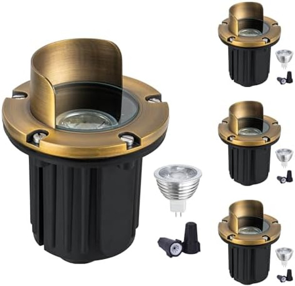 Lumstory 4-Pack Brass Well Lights 12V Low Voltage Landscape Lighting Outdoor Led Landscape Ground Light With 5W Mr16 Gu5.3 Bulb 3000K Warm White For Path Deck Garden (Shield Top)