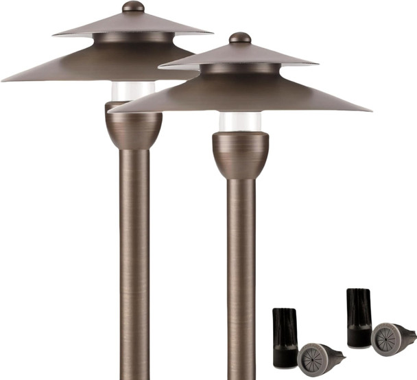 Low Voltage Pathway Lights Solid Brass 12V Walkway Light Ip65 Waterproof Double Hat-Top Landscape Lighting For Yard Lawn Patio Driveway Outside Garden 2 Pack（Without Bulb）