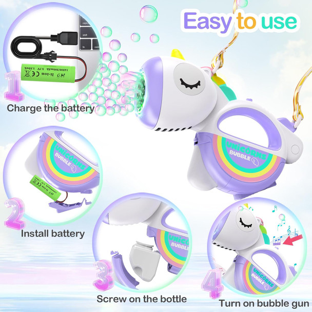 Rechargeable Bubble Machine For Kids Portable 360°Leak Proof Auto Unicorn Bubble Machine Gun For Toddlers 1-3 Parties With Lights Music Bubble Blower For Boys Girls 4 5 6 7 8 Pet Purple