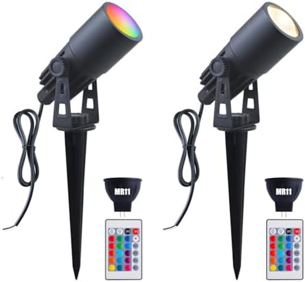 Rgb Color Changing Mr11 Led Landscape Lights Low Voltage 12V-24V Weatherproof Outdoor Led Spotlight Fixture With Remote Control Rgb Mr11 Led Bulb16 Colors (Rgb+Warm White) 2-Pack