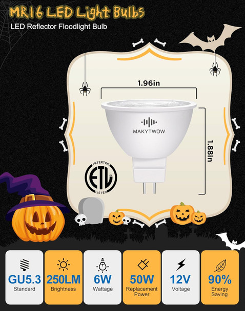 Orange Mr16 Gu5.3 Led Bulbs Bi-Pin Base Led Spotlights 12V Led Bulbs For Christmas Holiday Decoration Outdoor Landscape Lighting 6Pack