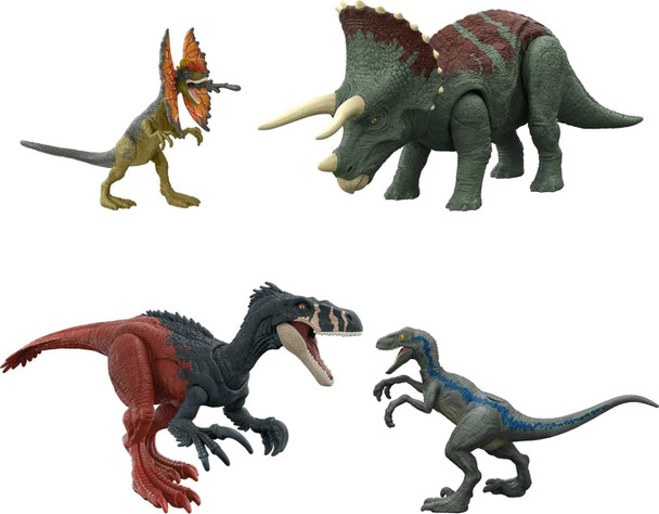 Mattel Jurassic World Dominion Survival Instincts Dinosaur Starter Set 4 Toy Figures Including Blue Dilophosaurus & 2 Roar Strikers