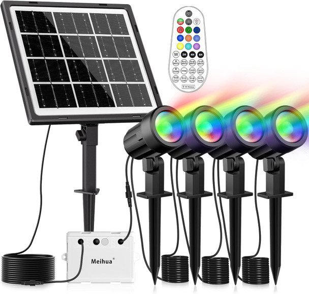 Meihua Solar Spot Lights Outdoor Color Changing 4 In 1 Landscape Lighting Rgb Spotlights With Remote Control Ip66 Waterproof Solar Lights Outdoor Garden For Pathway Yard Pool Tree