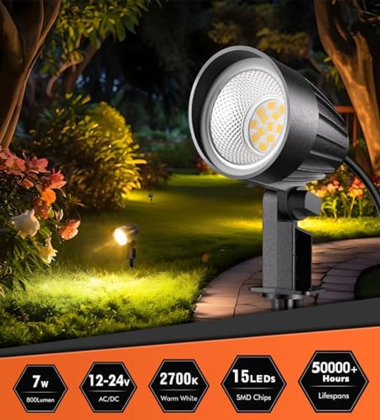 Meikee 7W Low Voltage Landscape Lighting With Connectors 2700K Warm White Landscape Lighting Ip66 Waterproof Outdoor Spotlights For Garden Driveway Yard Lawn(1 Pack)