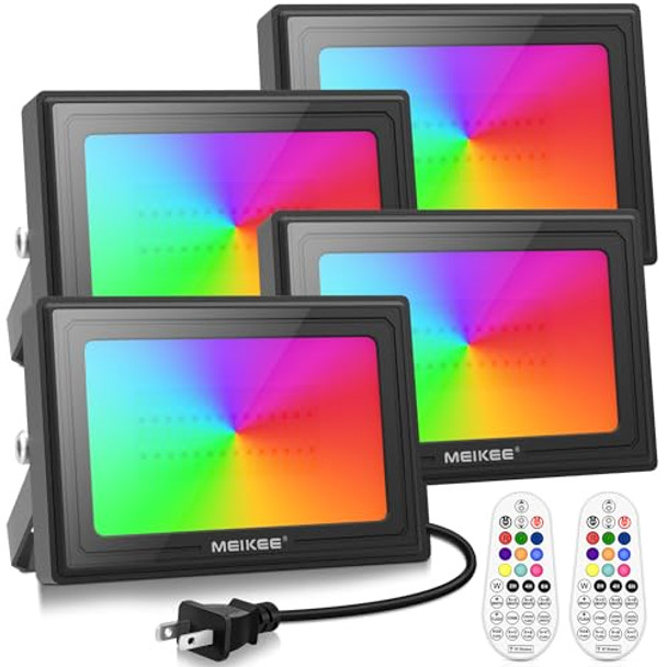 Meikee 60W 6000Lm Rgbw Flood Lights 600W Equivalent Rgb Color Changing Led Floodlights 6500K White Light Outdoor Lighting With Timing Memory For Christmas Decoration 4 Packs