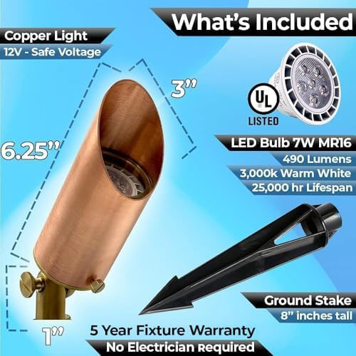Copper Spot Lights Outdoor 109 – 12V Low Voltage Landscape Lights Heavy Duty Outdoor Landscape Lighting For Home Garden Lighting Uplights With Ground Stake And 7W Mr16 Led Bulb (1 Pack)