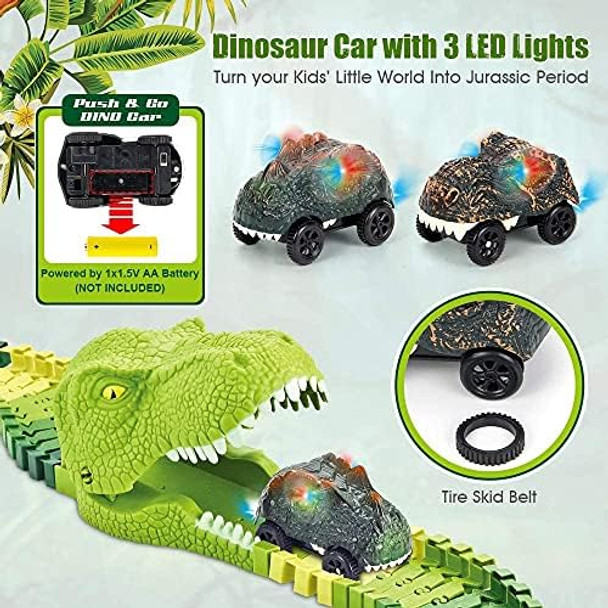 174 Pcs Flexible Dinosaur Train Tracks And Race Cars Playset With 8 Dinosaurs Figures Electric Vehicles Lights - Create Road Racing World For Toddlers And Kids