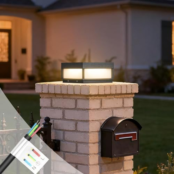 7.9" Outdoor Post Light Ac100-240V Pillar Lights Hard Wired Electric Modern Column Lamp Led Fence Deck Cap Lantern Waterproof 3000K Landscape Lighting Fixture For Patio Posts Yard Garden Decor
