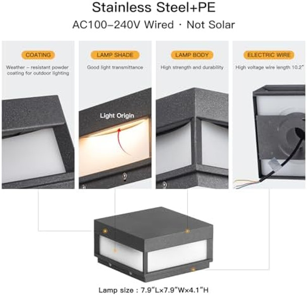 7.9" Outdoor Post Light Ac100-240V Pillar Lights Hard Wired Electric Modern Column Lamp Led Fence Deck Cap Lantern Waterproof 3000K Landscape Lighting Fixture For Patio Posts Yard Garden Decor