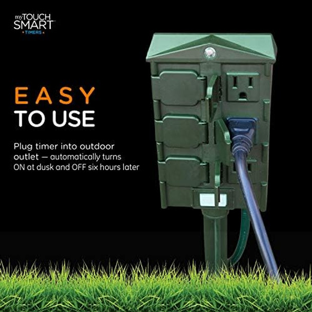 Mytouchsmart Outdoor 6 Outlet Yard Stake Timer 6Ft. Cord Plug Sensor On At Dusk/Off After 6 Hours Weather Resistant Heavy-Duty Ideal For String Lights Landscape Seasonal 48708 6 Foot Green