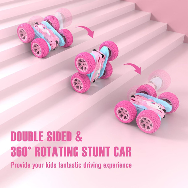 Remote Control Car Pink Rc Cars For Girls Rechargeable Rc Truck 2.4Ghz Double Sided 360° Rotating Stunt Car Toy With Headlights Birthday For Kids Age 3+