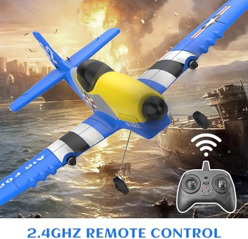 Rc Plane 3-Channel 2.4Ghz Rc Airplane P51 Mustang Fighter With 2 Batteries 6 Gyroscopes Stabilization System Easy To Fly Suitable For Beginners Kids Adults Blue