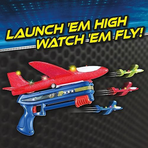 Ontel Air Hero Airplane Launcher Toy With Led Lights Fun Outdoor Toy Includes 3 Airplanes & 1 Launcher Kids Toy For Christmas Or For Kids Nighttime Light Up Toy Durable Abs Material Blue