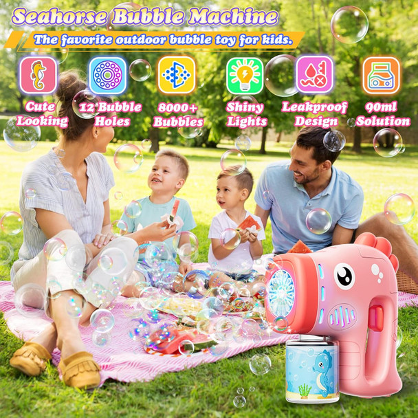 Bubble Gun For Kids Automatic Bubble Machine 8000+ Bubbles Per Minute Portable Bubble Blower Maker Toy With 12 Holes/Lights/Bubble Solution For Outdoor Wedding Party-Pink