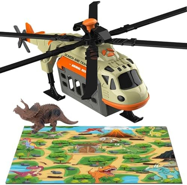 1/16 Dinosaur Rescue Series Helicopter With Tricertops And Dinosaur Playing Mat Outdoor Sandbox Plane Toys With Sounds And Lights Birthday Toddler Boy Kids