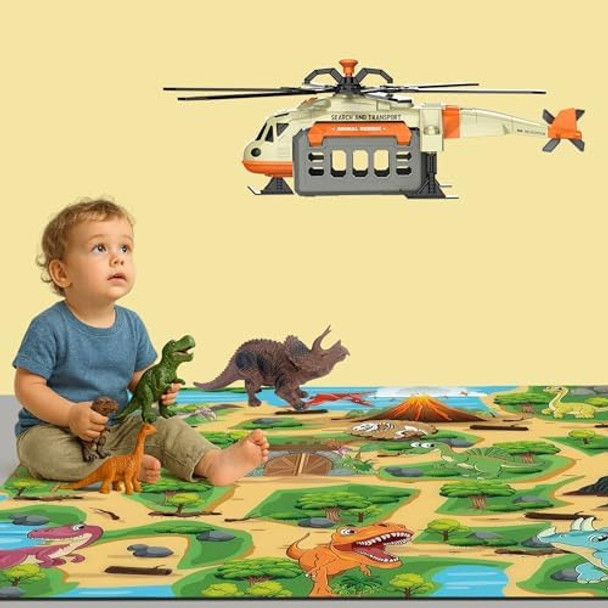 1/16 Dinosaur Rescue Series Helicopter With Tricertops And Dinosaur Playing Mat Outdoor Sandbox Plane Toys With Sounds And Lights Birthday Toddler Boy Kids