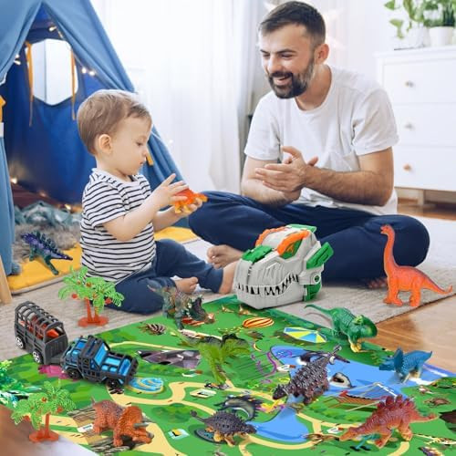 Dinosaur Toys For Kids 3-5 12 Realistic Dinosaur Figures With A Detachable Dino Head For Scenes Map & Transport Truck Educational Set For Boys And Girls Ages 3+