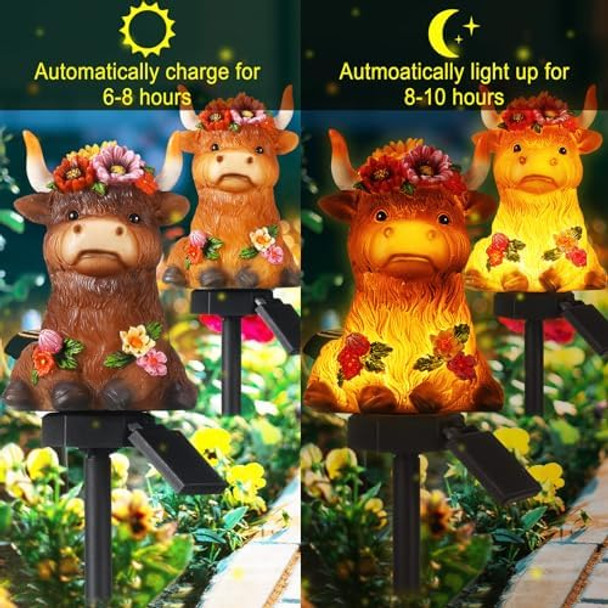2 Pack Highland Cow Solar Lights Outdoor Garden Gnome Statues Resin Lamp Decor Waterproof Stake Lights Highland Cow s For Yard Patio Lawn Decor