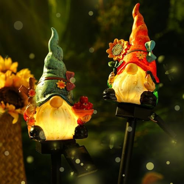 2 Pack Solar Gnome Stakes Lights - Outdoor Pathway Decor Garden Home Decorative Stakes Solar Powered Led Landscape Lighting For Lawn Walkway Patio Yard