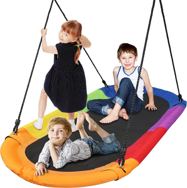 Serenelife Giant Platform Swing 67” Glider Kids Outdoor Backyard Tree Playhouse Playground Saucer Swing Set Mega Swinging Surfer Mat Swingset W/Rope Straps Cushion Padded Frame One Size Rainbow