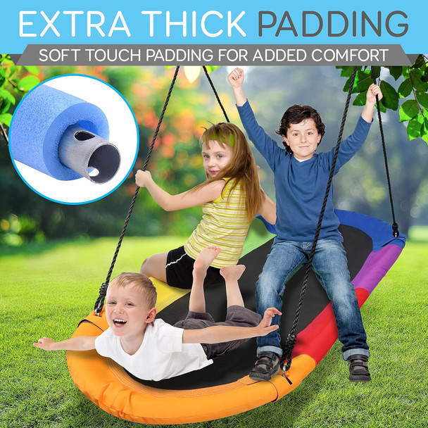 Serenelife Giant Platform Swing 67” Glider Kids Outdoor Backyard Tree Playhouse Playground Saucer Swing Set Mega Swinging Surfer Mat Swingset W/Rope Straps Cushion Padded Frame One Size Rainbow