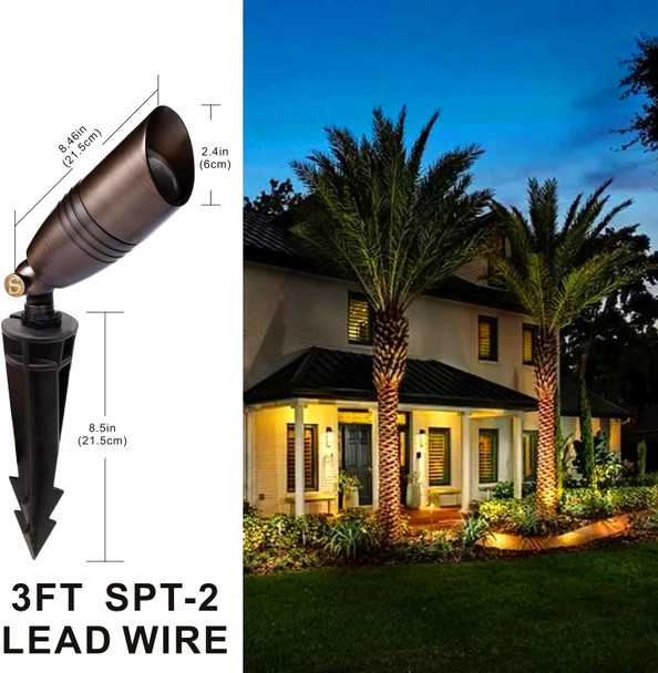 Solid Brass Low Voltage Landscape Spotlight Directional Spot Up Light In Antique Brass Finish With Ground Spike And Waterproof Grease Cap Wire Connectors (1 Set)