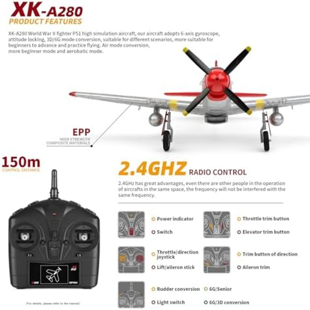 Large 560Mm P51 P51D Mustang Remote Control Combat Aircraft 4Ch Xk A280 3D/6G Aerobatic Led Brushless Rc Aircraft Full-Function For Professional Players