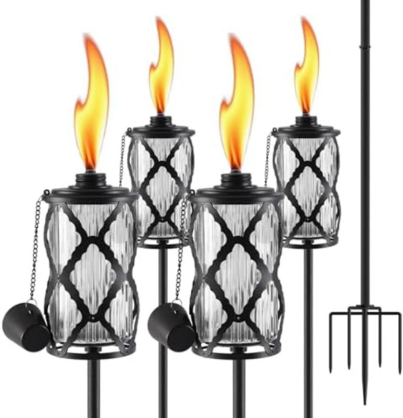 4 Pack Glass Citronella Torches For Outside 16 Oz Outdoor Garden Torches With 5-Prong Grounded Stake 60 Inch Patio Torch With Clear Glass Canisters Outside Torches For Backyard Patio