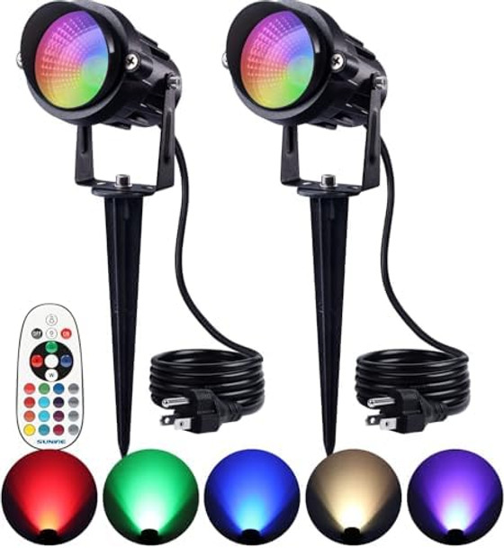 Sunvie Halloween Spotlight Outdoor 12W Rgb Led Color Changing Landscape Lights With Remote Control 120V Landscape Lighting Waterproof Spot Lights Outdoor For Yard Garden Patio Lawn Decorative 2 Pack