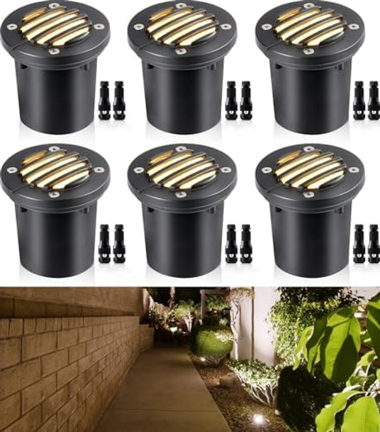 Sunvie 12W Low Voltage Landscape Lighting Anti-Glare Led Well Lights(Grated Top) 12V-24V Waterproof Outdoor In-Ground Lights 3000K Landscape Lighting For Garden Yard Pathway 6 Pack With Connectors