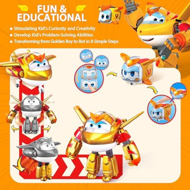 Super Wings 5" Transforming 2-Pack Supercharged Golden Boy & Super Pet With Light Effect Season 7 Airplane To Robot Transformable Toys Preschool Birthday s For Kids 3+